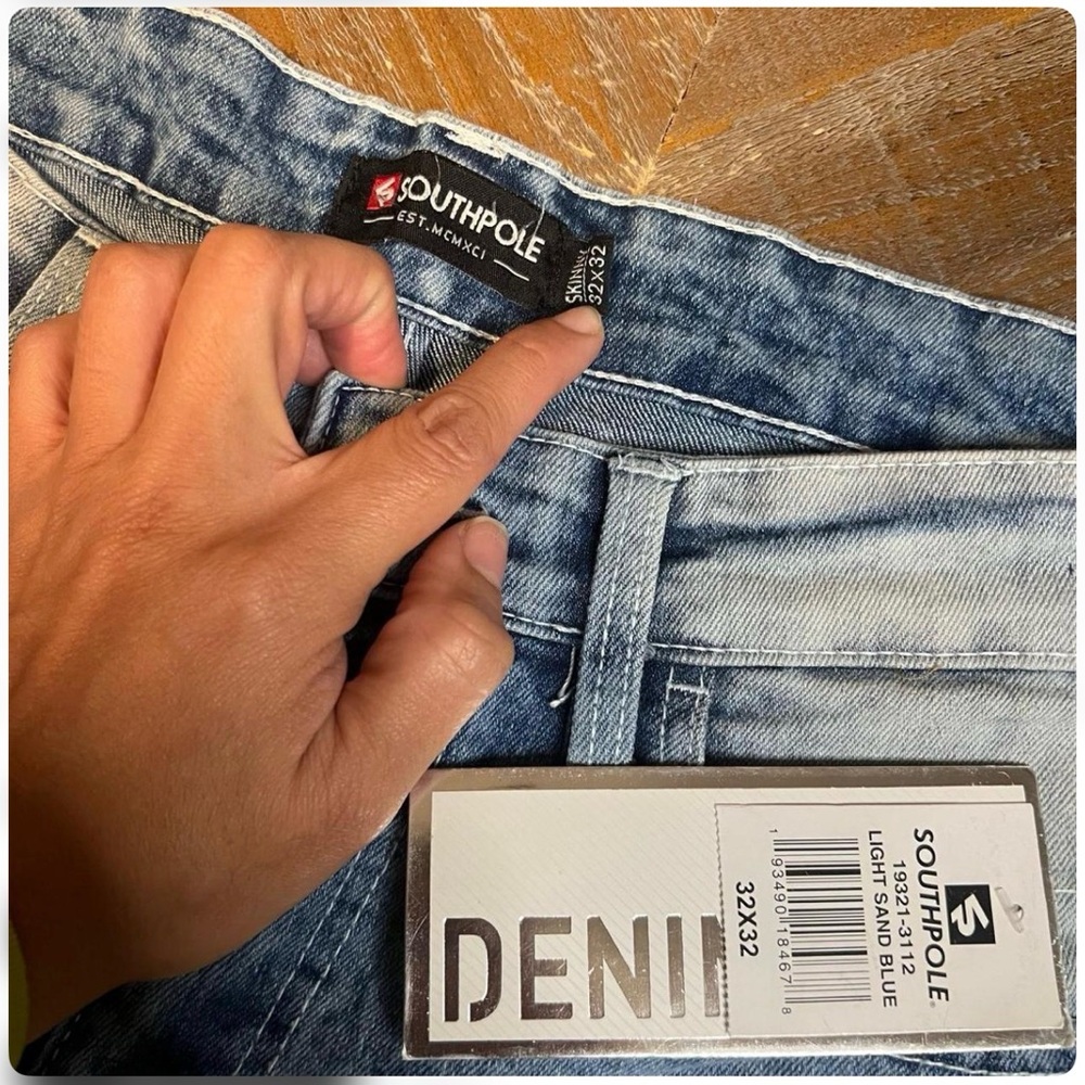 NWT SouthPole Jeans Mens 32x32 Blue Stacked Skinny Stonewash Denim Biker - Picture 5 of 7